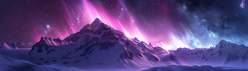 Neon violet aurora over a snowy mountain, unique glowing effects, dark sky, photorealistic ,high resulution,clean sharp focus - obrazy, fototapety, plakaty
