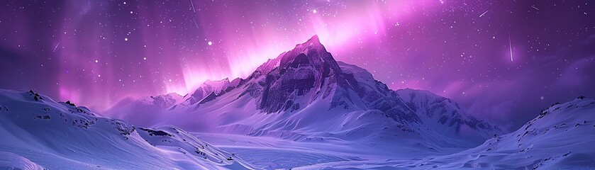 Neon violet aurora over a snowy mountain, unique glowing effects, dark sky, photorealistic ,high resulution,clean sharp focus - obrazy, fototapety, plakaty
