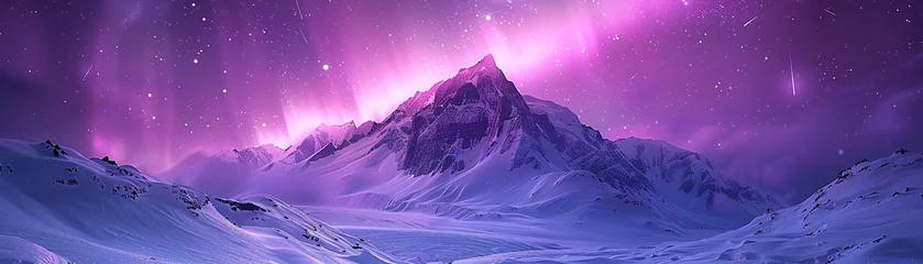 Muurstickers Neon violet aurora over a snowy mountain, unique glowing effects, dark sky, photorealistic ,high resulution,clean sharp focus © Oranuch