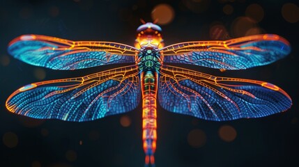 Photorealistic dragonfly with neon glowing wings, hovering in darkness ,high resulution,clean sharp focus