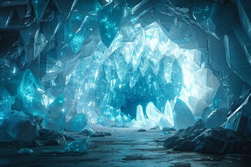 Photorealistic image of a crystal cave with neon blue lights, glowing in the dark ,3DCG,high resulution,clean sharp focus - obrazy, fototapety, plakaty