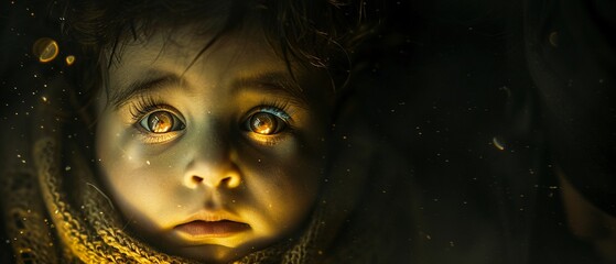 Photorealistic image of a baby with luminous eyes in a dark, mystical setting, unique and eerie ,high resulution,clean sharp focus