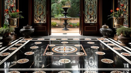   Black-and-white tiled entryway with vases, flowers, and a fountain in the backdrop