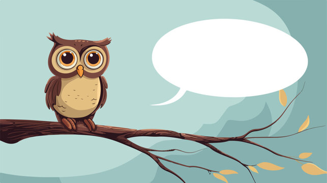 Owl on a branch with a blank speech bubble 2d flat