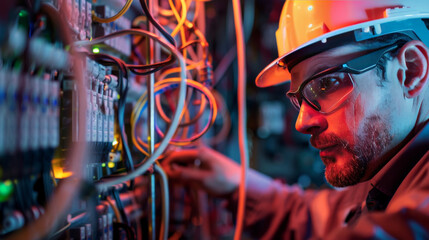 Focused Electrician Working on a Control Panel with Wires and Indicator Lights