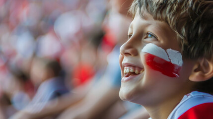 Young Polish Fan with Red and White Face Paint at a Soccer Match - obrazy, fototapety, plakaty