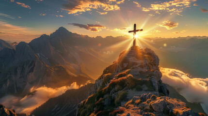 Majestic Sunrise Behind the Christian Cross on a Mountain Summit - obrazy, fototapety, plakaty