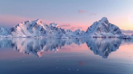   The ocean reflects a mountain range, with icebergs visible, at sunset