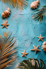 Tropical Summer Concept with Starfish, Shells, and Palm Leaves on Blue Background