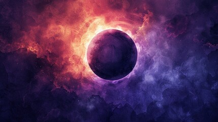 Obraz na płótnie Canvas Watercolor illustration of an eclipse, with intense color saturation, wide lens, showing dazzling light flares, on a rich purple backdrop