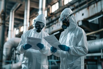 scientists with hazmat suit reading papers in facility
