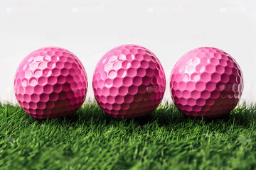Three, bright pink golf balls on green grassy turf, golf season, summer time, leisure, sports, outdoor fun, women's golfing
