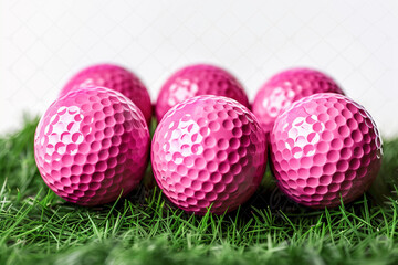 Six bright pink golf balls on green grassy turf, golf season, summer time, leisure, sports, outdoor fun, women's golfing