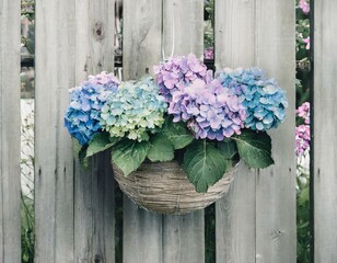 Fototapeta na wymiar A hanging basket filled with blue and purple hydrangeas on a wooden fence, adding a splash of color and elegance to the garden perimeter
