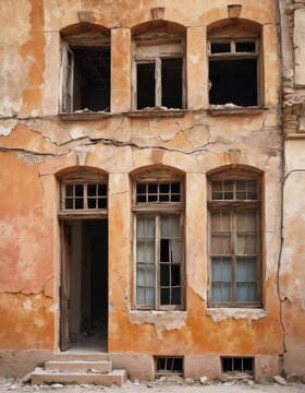 Weathered facade of an abandoned building with peeling orange paint and broken windows, evoking a sense of history and neglect.