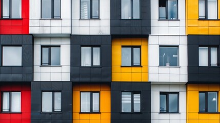 Obraz premium From below of colorful geometric building with colorful geometric ornament and windows on wall in city