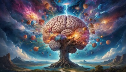 A surreal depiction of a tree shaped like a human brain, emitting a cosmic glow against a vibrant, starry sky with floating planets
