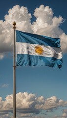 The flag of Argentina waves majestically in the blue sky. This image has video.