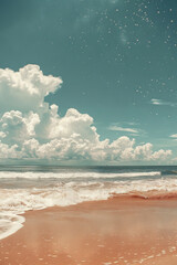 Serene Beachscape with Fluffy Clouds and Gentle Waves