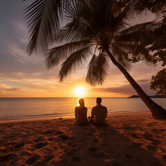 Romantic couple sitting on beach at sunset - 778915745