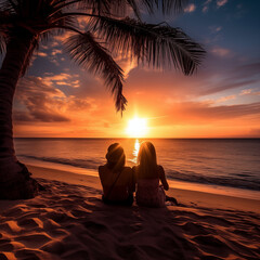 Romantic lesbian couple on beach at sunset - 778915941