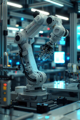 Advanced Robotics, A technician optimizes a robotic arm, surrounded by cutting-edge technology. - obrazy, fototapety, plakaty