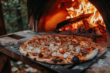 Artisan Pizza Baking in Wood-Fired Brick Oven Outdoors