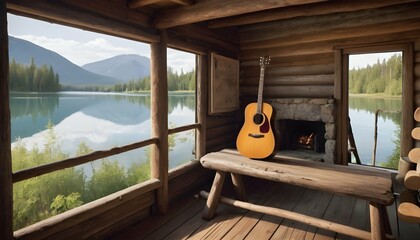 A Rustic Cabin Interior With An Acoustic Guitar Le - obrazy, fototapety, plakaty
