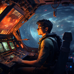Pilot in spaceship control room - 778916309