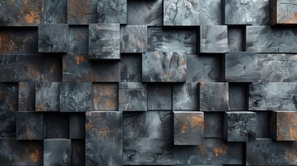 A wall made of gray and black blocks with a brownish tint. The blocks are arranged in a way that creates a sense of depth and texture. Scene is one of ruggedness and strength