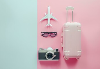 top view of a pink suitcase, sunglasses and an airplane toy with a camera and mobile phone on a pastel background, in the minimalistic style for traveling trip