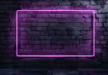 A neon frame glowing with purple pink light on dark brick wall background, creating an empty space for text or product display. The frame is a rectangle shape for advertising and banner 