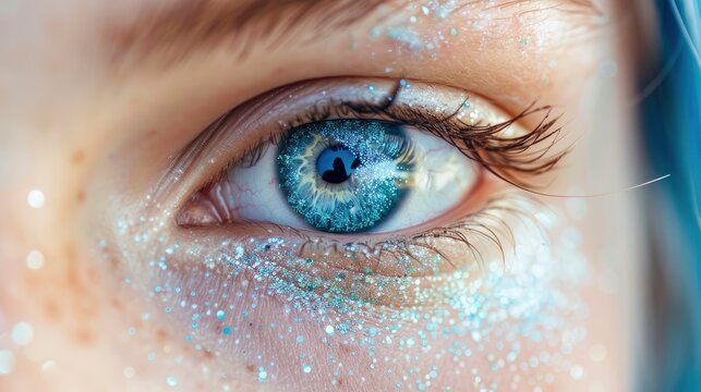 A close up of an eye with blue glitter on it, a stock photo