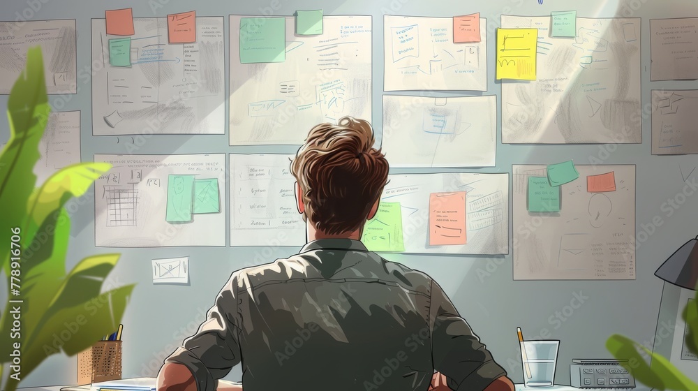 Wall mural man is working on ui ux design project. designer drawing scetch in vector programm with big pencil. 