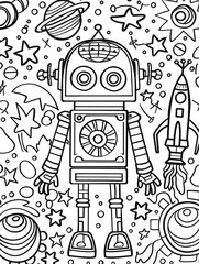 Coloring page of robot repairing rocket in space, kid-friendly, black and white, detailed yet simple