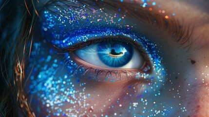 A close up of an eye with blue glitter on it, the little girl has her eyes open and is looking at the camera, her face covered in sparkles