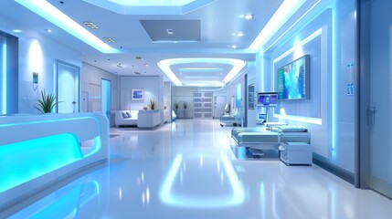 A future hospital room with a white ceiling and walls. The room is empty and sterile. There is a bed in the room and a monitor on the wall