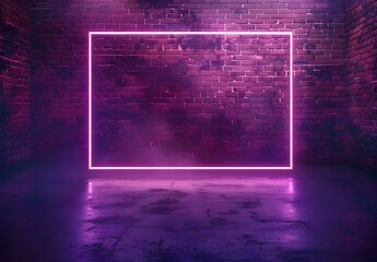 A neon frame glowing with purple pink light on dark brick wall background, creating an empty space for text or product display. The frame is a rectangle shape for advertising and banner