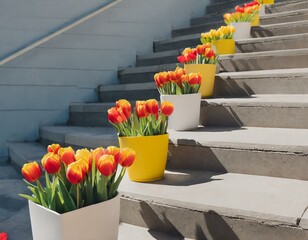 Colorful pots of red, yellow, and orange tulips lined up along the outdoor staircase, guiding guests up with vibrant blooms
