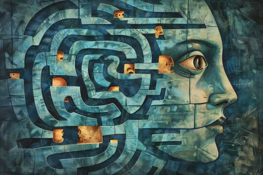 Complex maze within a human head profile. Mental challenge and psychology concept.