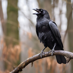 Obraz premium Black raven in the nature close-up. Intelligent bird in nature. 