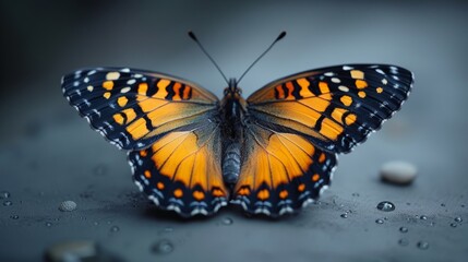   A butterfly's close-up on a surface, with droplets of water on the ground