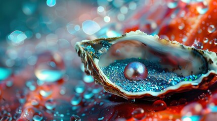 A closeup of an oyster shell with a glittery blue pearl inside, on the red surface with water droplets and drops of seafoam - obrazy, fototapety, plakaty