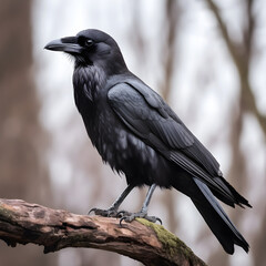 Black raven in the nature close-up. Intelligent bird in nature.	