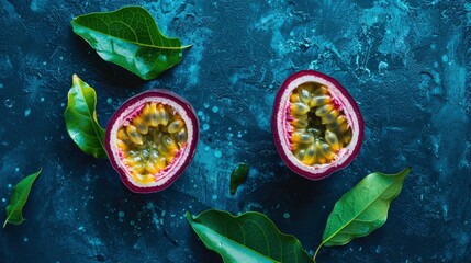 A closeup shot of passion fruit, cut in half and placed on the table, with two leaves next to it. The yellow center is visible inside each cross section - obrazy, fototapety, plakaty