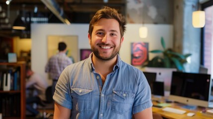Fototapeta premium Portrait of smiling businessman standing at creative office