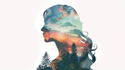 A double exposure illustration of the silhouette and full body portrait of an attractive woman with long hair, filled with trees, mountains, clouds, river, and plants - obrazy, fototapety, plakaty