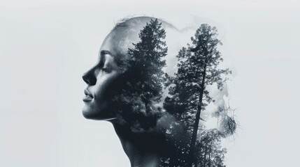 A double exposure illustration of woman with forest trees inside her, side view, white background, black and grey colors, high resolution