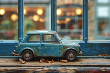A vintage toy car sits atop a rustic wooden table evoking nostalgia for past eras, Generated by AI
