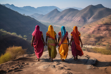 Indian women in colorful sari on top of hill - 778918128
